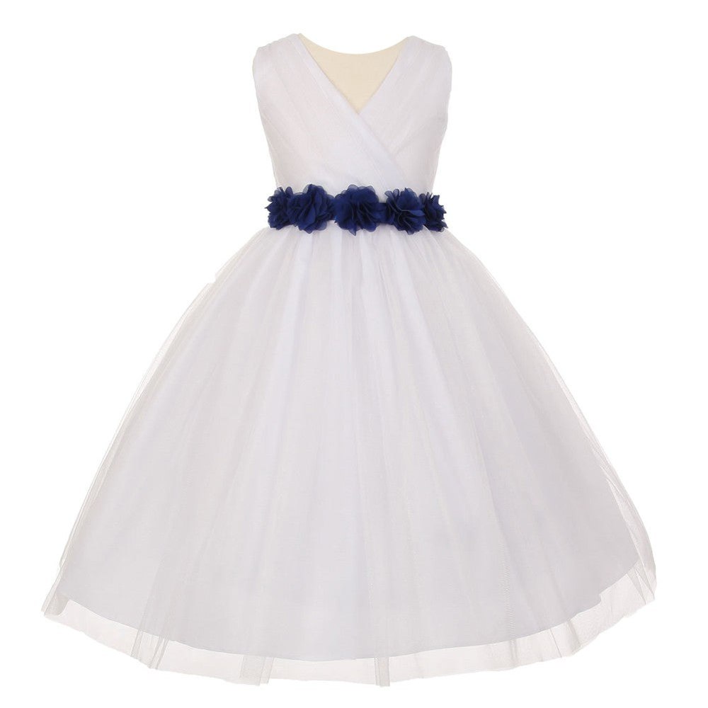 Little Girls White Royal Blue Chiffon Floral Sash Tulle Flower Girl Dress 2-6