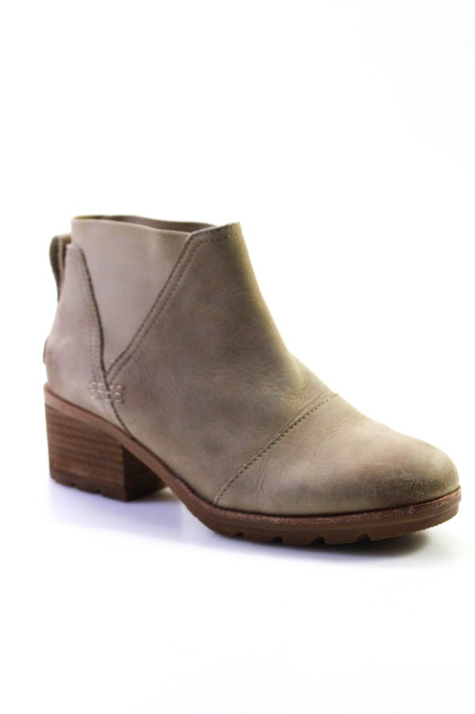 Sorel Womens Slip On Block Heel Round Toe Ankle Boots Brown Suede