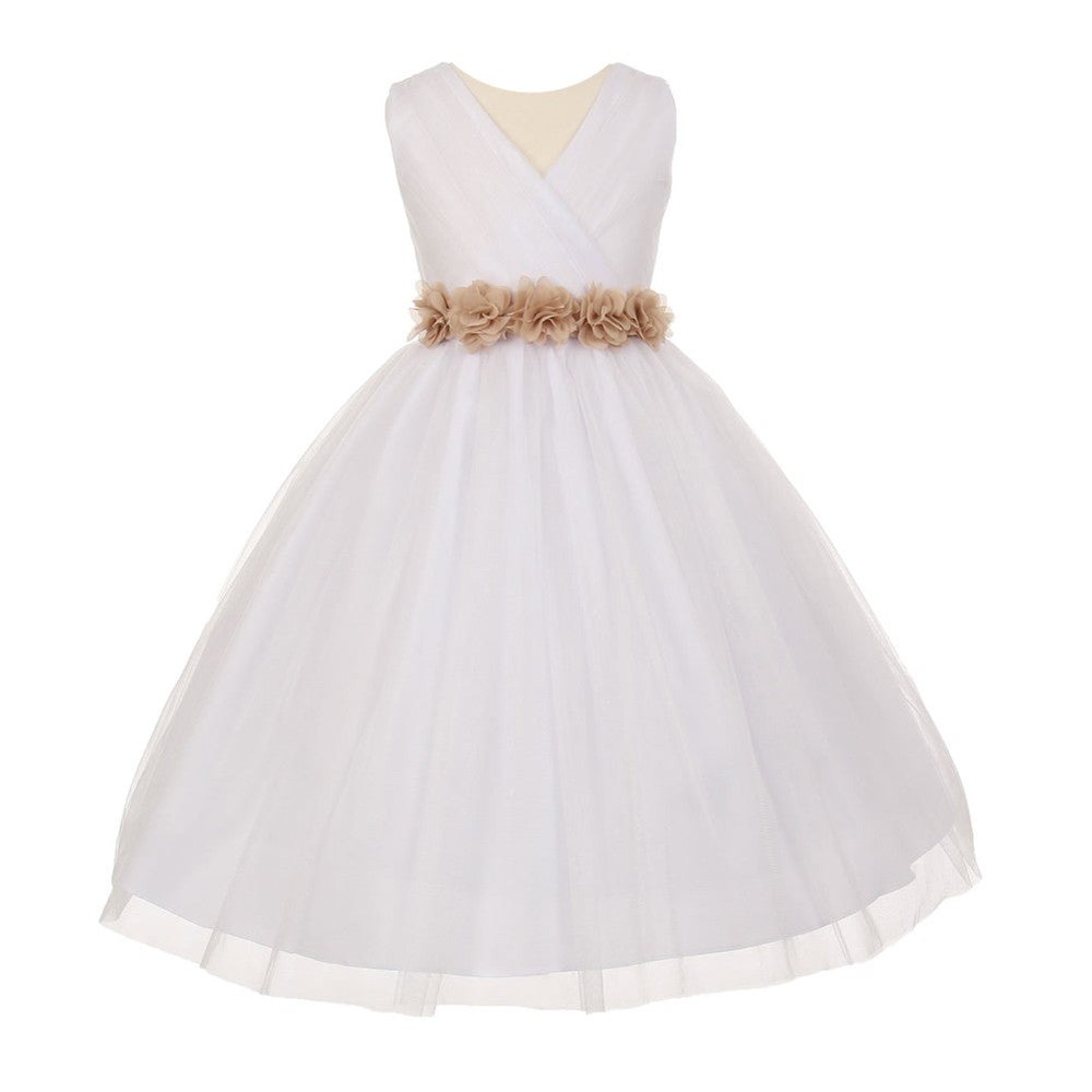 Little Girls White Champagne Chiffon Floral Sash Tulle Flower Girl Dress 2-6