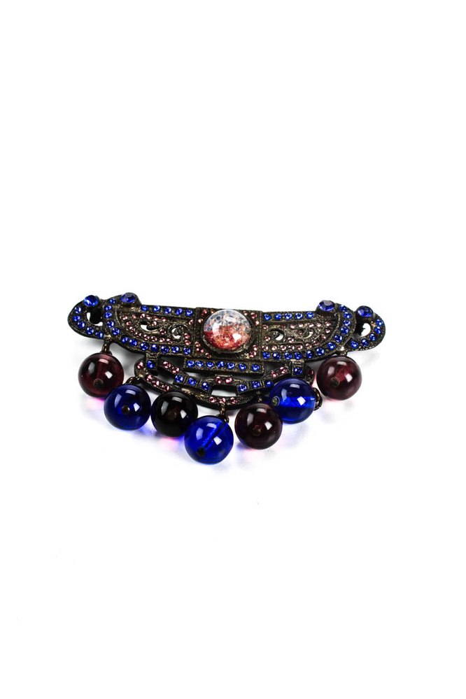 Designer Womens Vintage Sterling Silver Cabochon Glass Beaded Art Nouveau Brooch