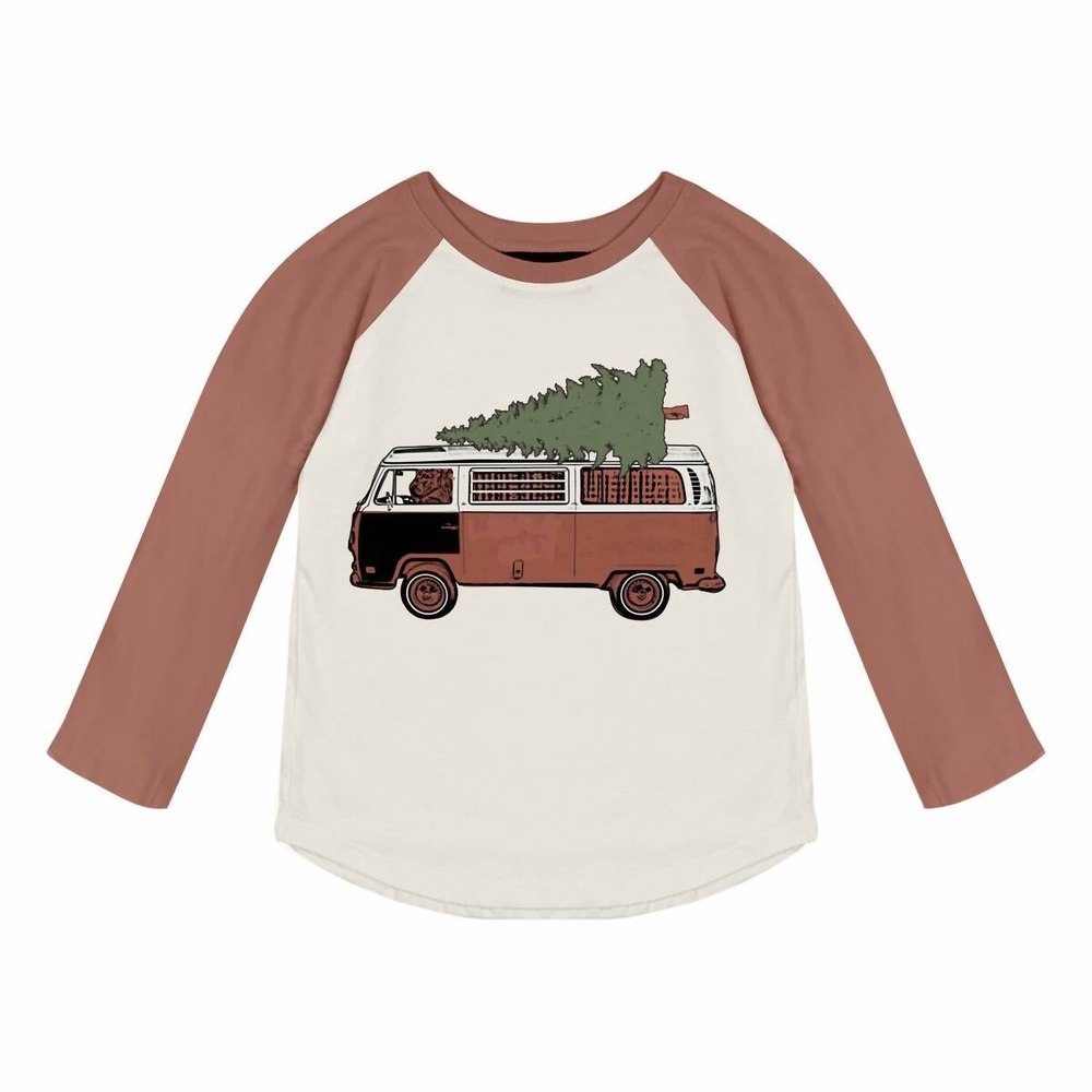 Kids’ Christmas Mobile Longsleeve Raglan Tee In Natural/brick