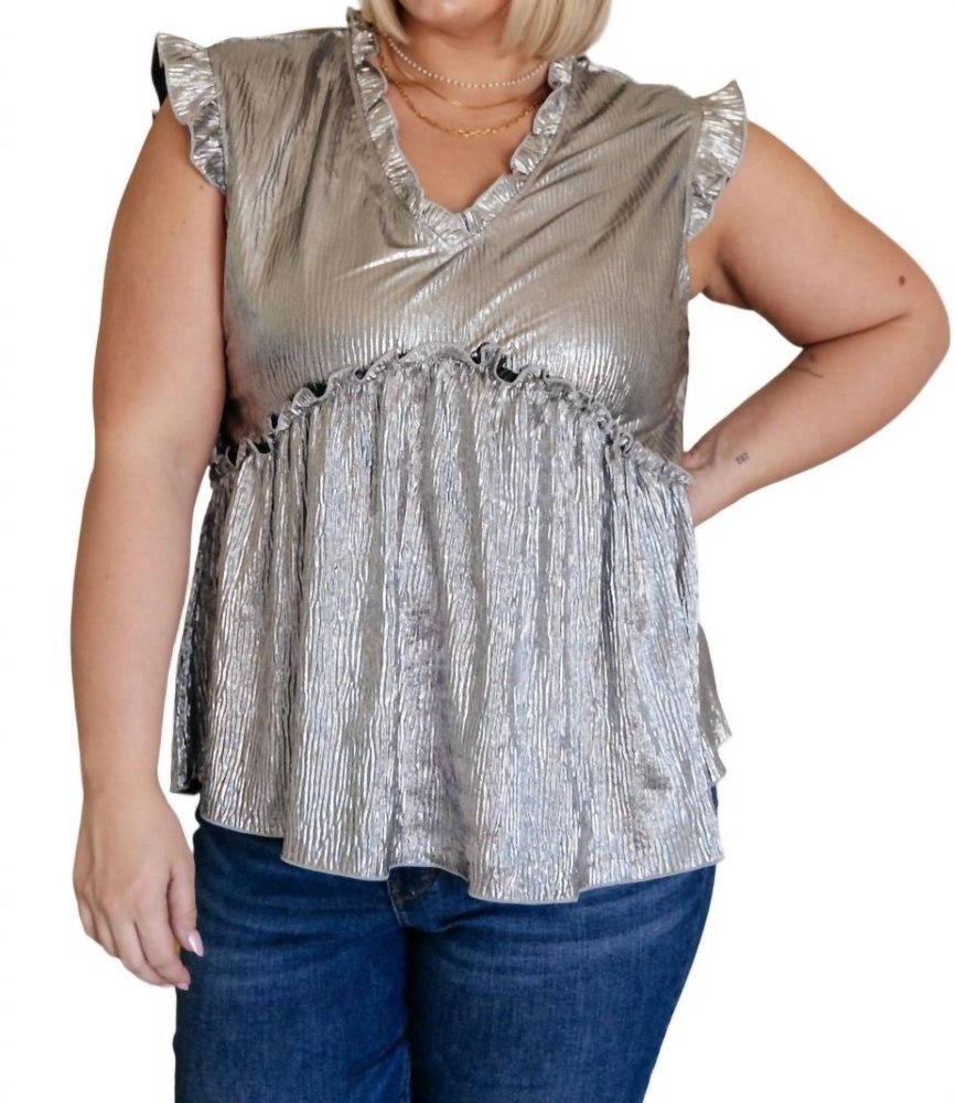 Shine On Metallic Peplum Top In Silver 7732548173884
