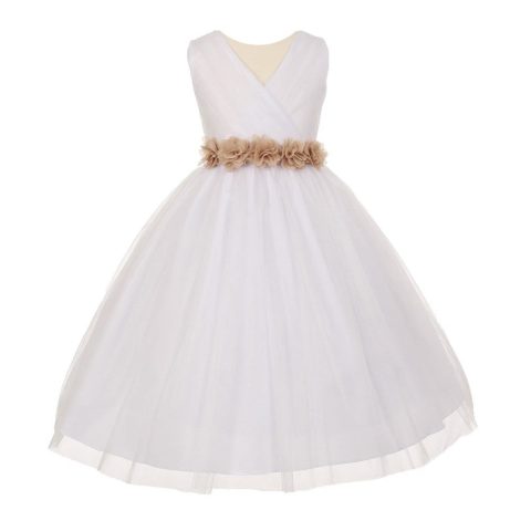 Big Girls White Champagne Chiffon Flowers Tulle Junior Bridesmaid Dress 8-14