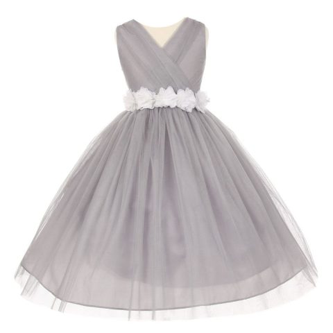 Big Girls Silver White Chiffon Flowers Tulle Junior Bridesmaid Dress 8-14