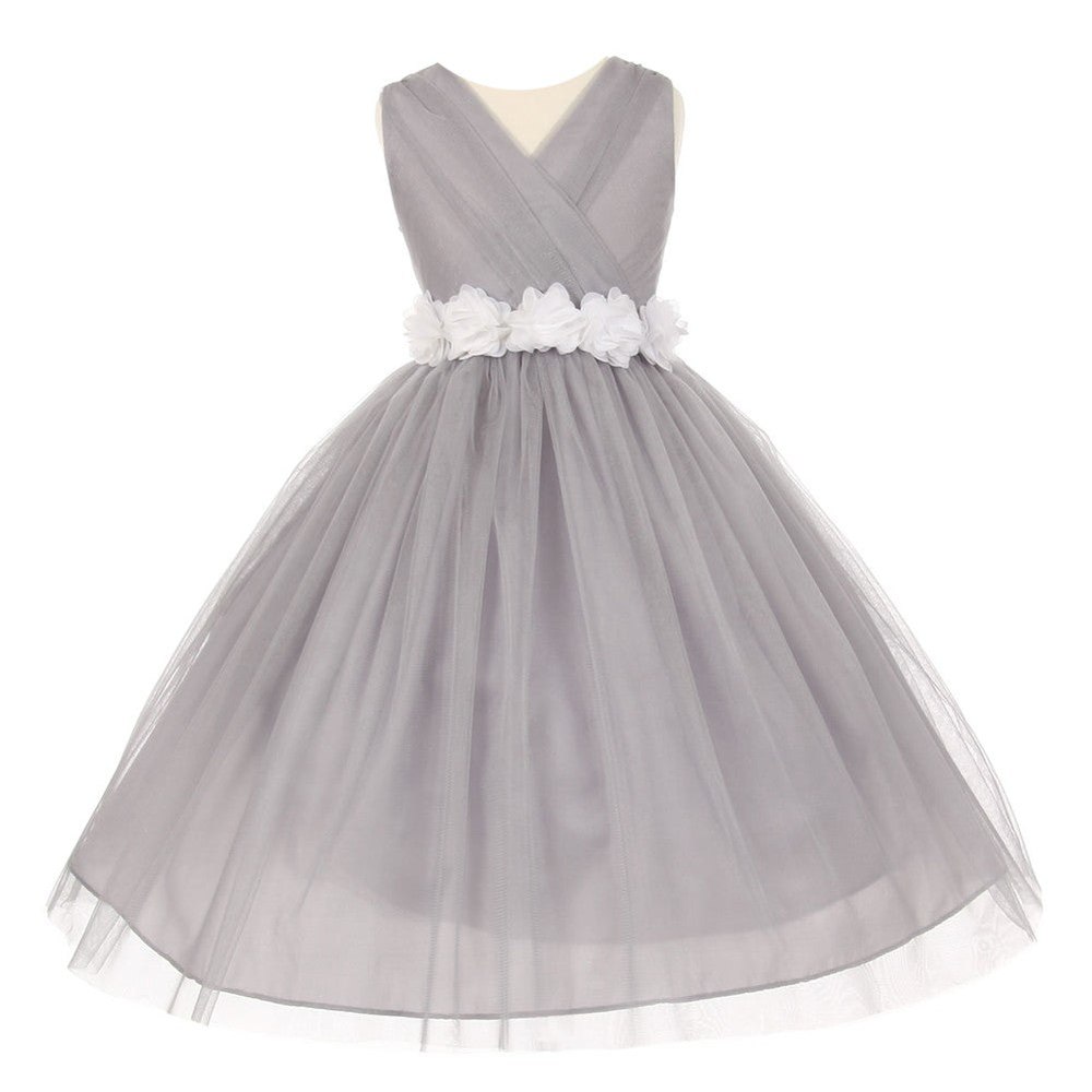 Big Girls Silver White Chiffon Flowers Tulle Junior Bridesmaid Dress 8-14