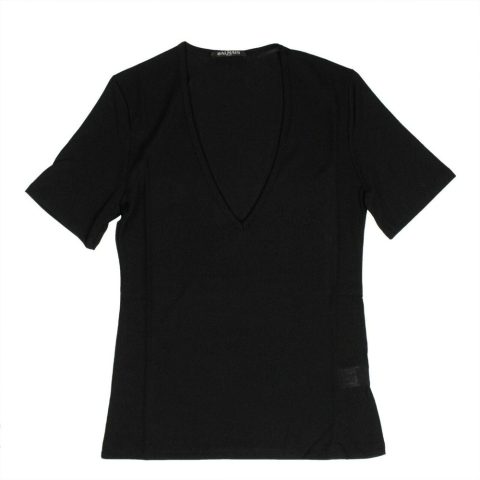 Women’s Short Sleeve Deep V Neck Knit T-Shirt – Black