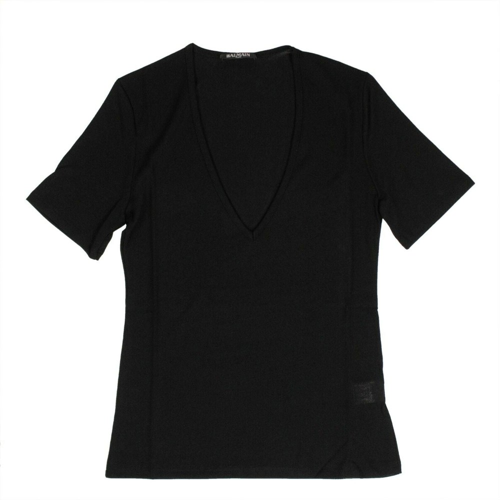 Women’s Short Sleeve Deep V Neck Knit T-Shirt – Black