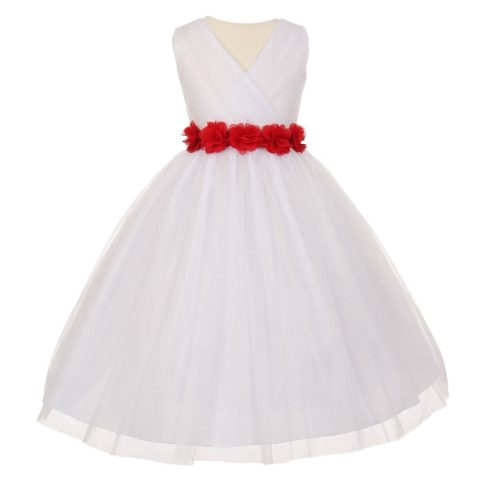 Little Girls White Red Chiffon Floral Sash Tulle Flower Girl Dress 2-6