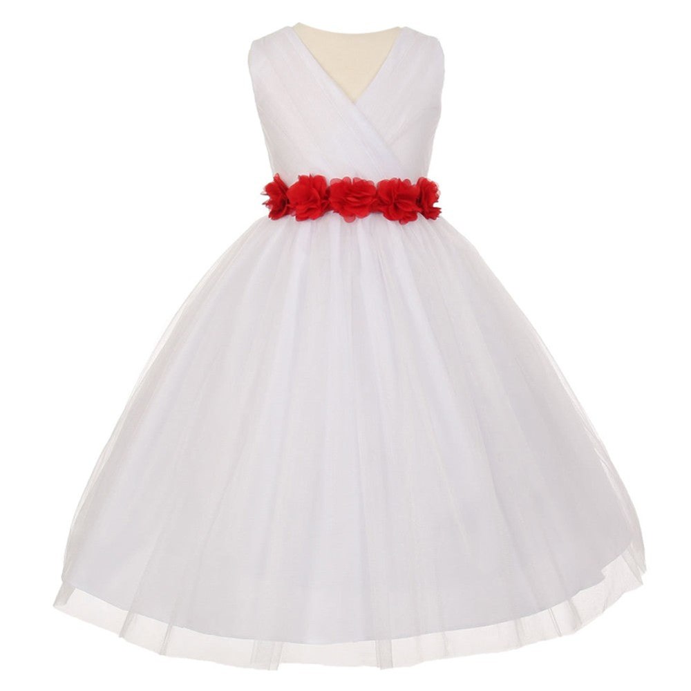 Little Girls White Red Chiffon Floral Sash Tulle Flower Girl Dress 2-6