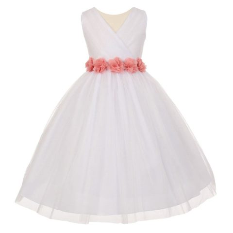 Big Girls White Blush Chiffon Flowers Tulle Junior Bridesmaid Dress 8-14