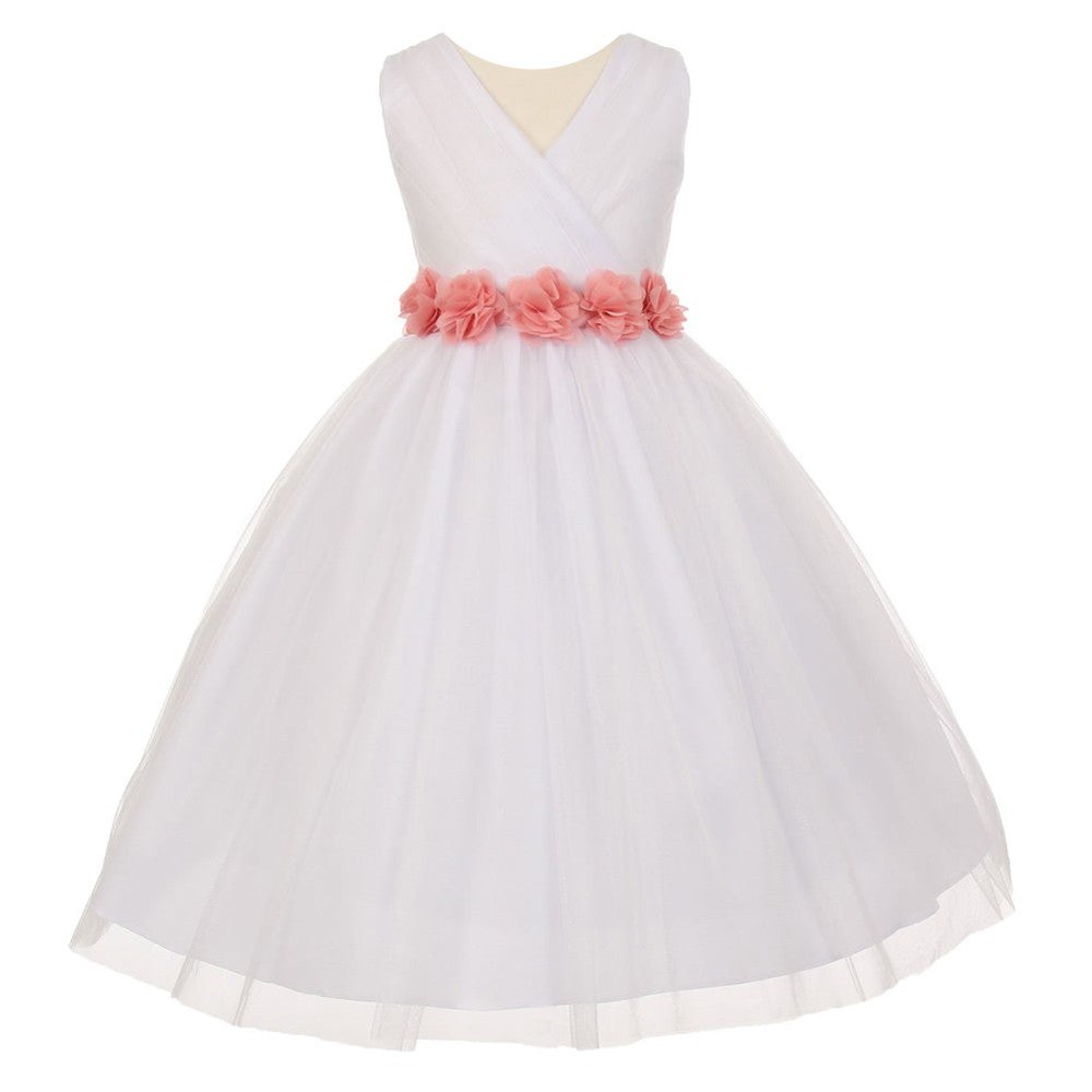 Big Girls White Blush Chiffon Flowers Tulle Junior Bridesmaid Dress 8-14