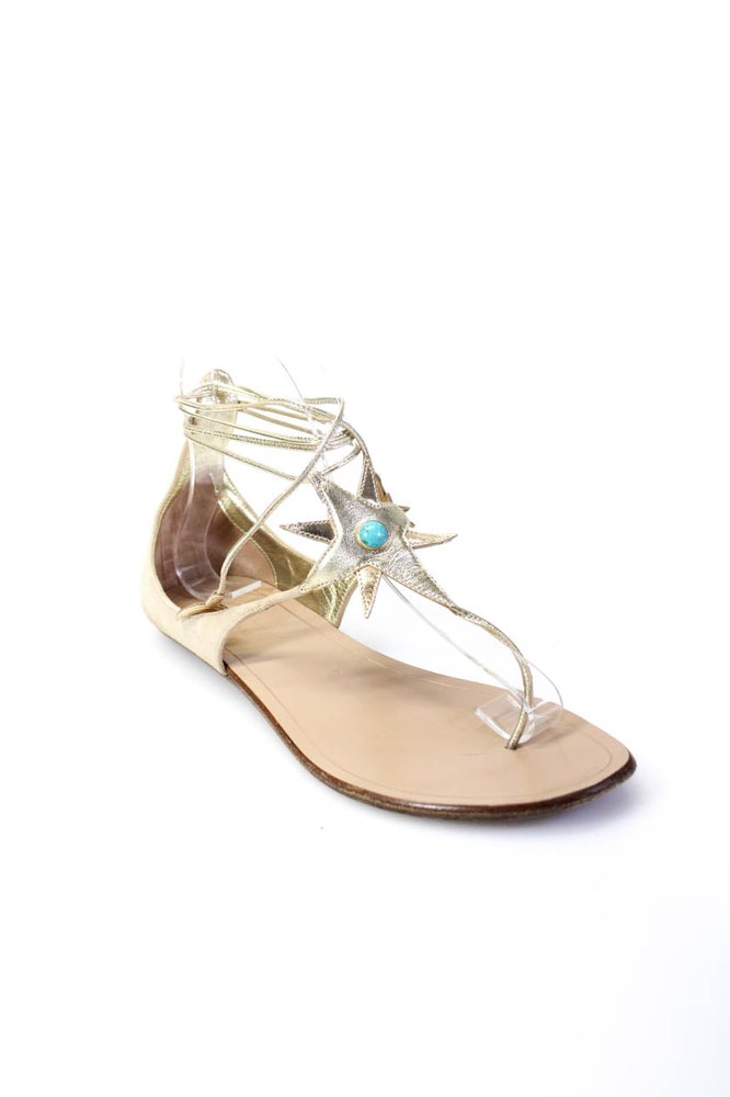 Aquazzura Womens Gold Beige Embellished T-Strap Flats Sandals Shoes