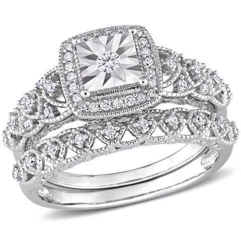 Mimi & Max 1/3ct TDW Diamond Square Halo Bridal Ring Set in Sterling Silver