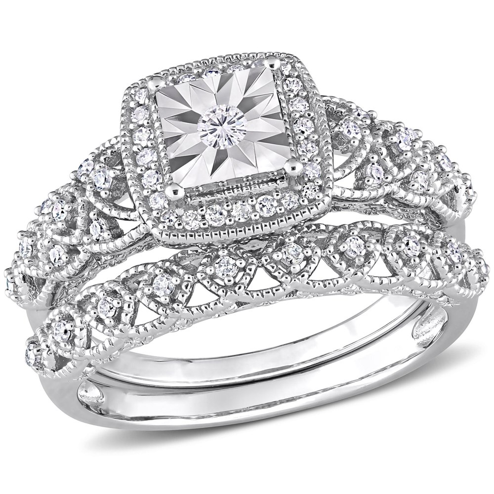 Mimi & Max 1/3ct TDW Diamond Square Halo Bridal Ring Set in Sterling Silver
