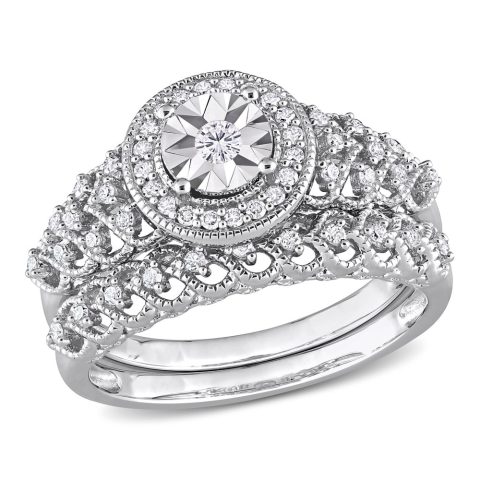 Mimi & Max 1/3ct TDW Diamond Halo Bridal Ring Set in Sterling Silver