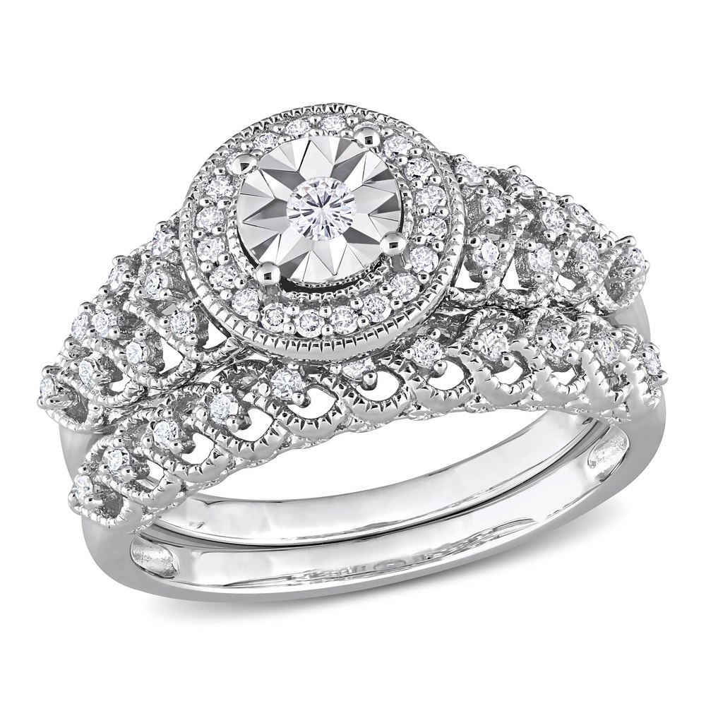 Mimi & Max 1/3ct TDW Diamond Halo Bridal Ring Set in Sterling Silver