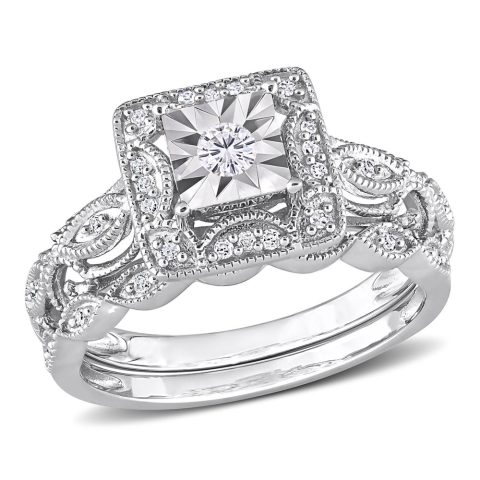 Mimi & Max 1/5ct TDW Diamond Square Halo Bridal Ring Set in Sterling Silver