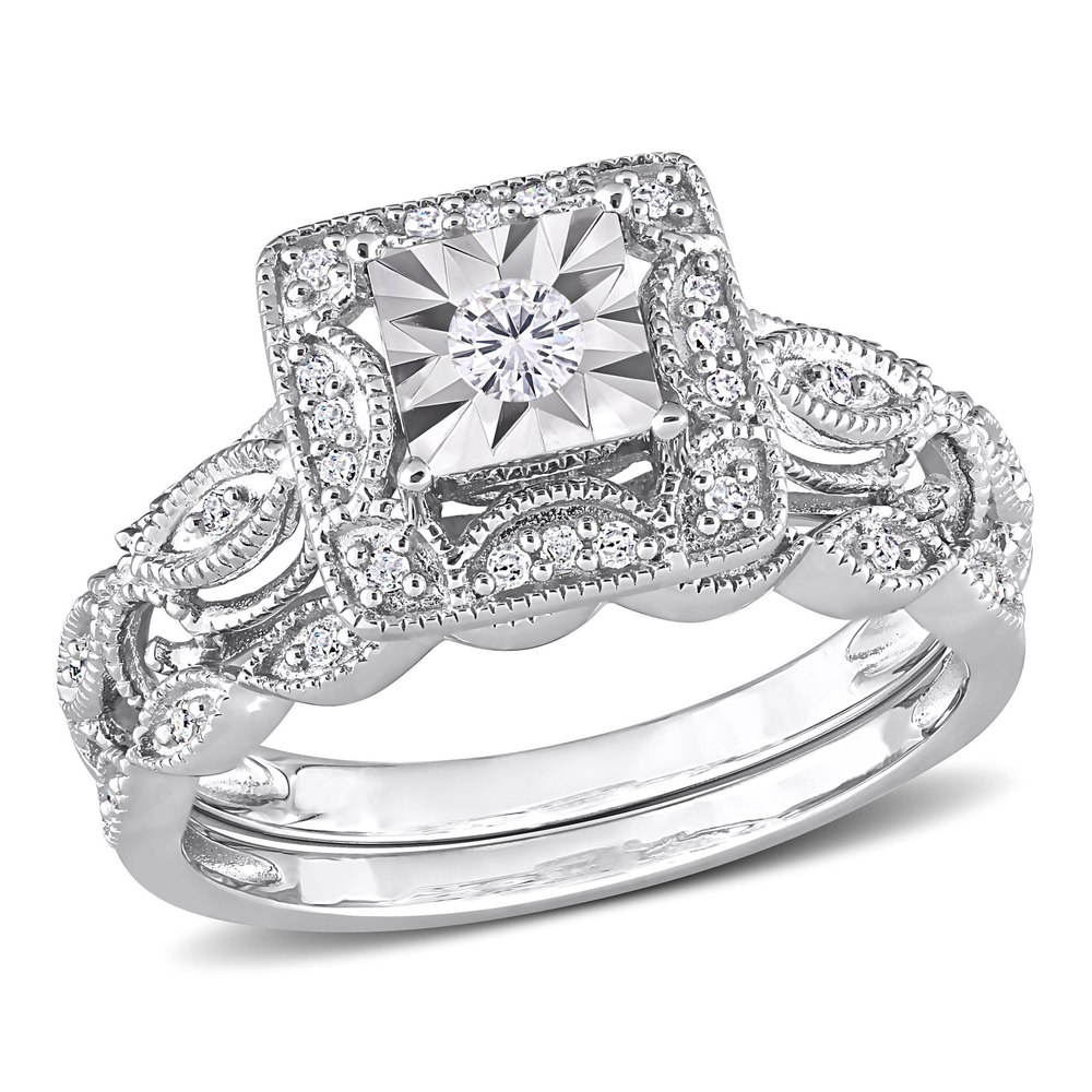 Mimi & Max 1/5ct TDW Diamond Square Halo Bridal Ring Set in Sterling Silver