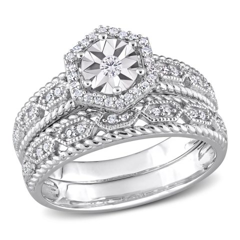 Mimi & Max 1/4ct TDW Diamond Hexagon Halo Bridal Ring Set in Sterling Silver