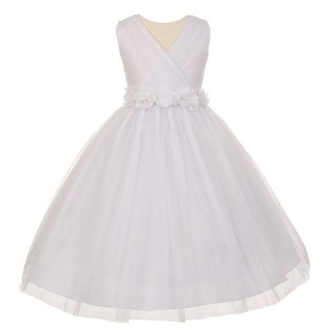 Big Girls White Chiffon Flowers Shiny Tulle Junior Bridesmaid Dress 8-14