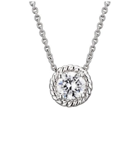 Sterling Silver White Gold Plated with Clear Round Cable Stud Pendant Necklace 7733299871804
