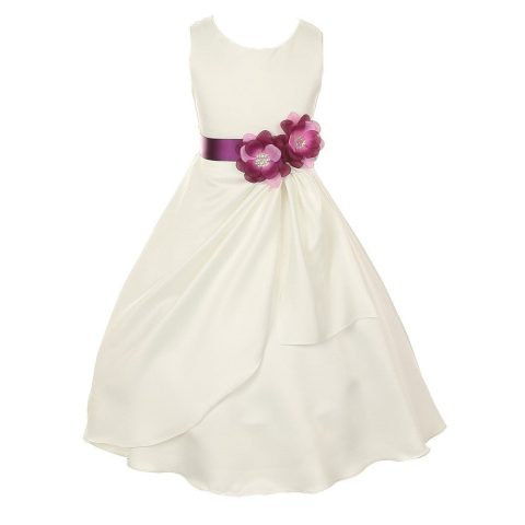 Little Girls Ivory Plum Bridal Dull Satin Sequin Flowers Occasion Dress 2-6
