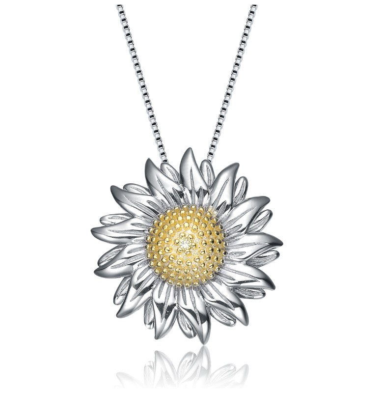 Sterling Silver White Gold Plated with Cubic Zirconia Sunflower Pendant Necklace 7733301837884
