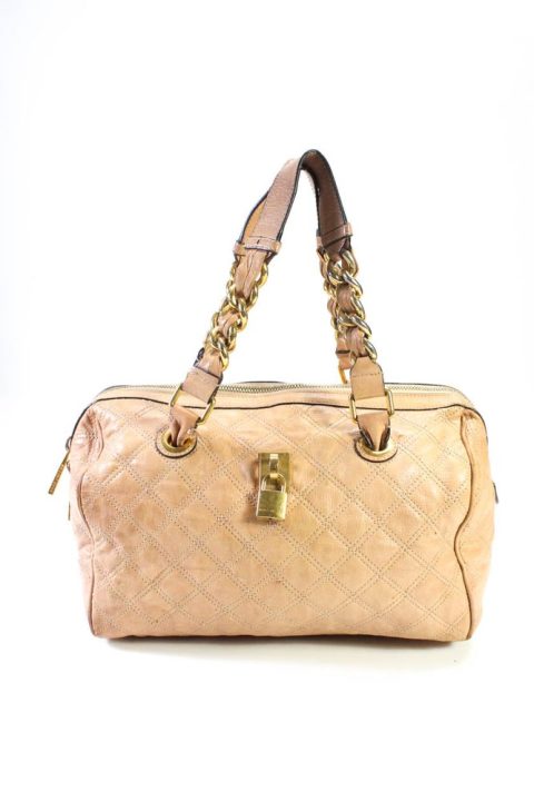 Marc Jacobs Womens Leather Quilted Gold Tone Satchel Westdie Shoulder Handbag Beige