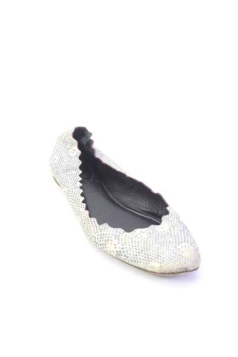 Chloe Womens Leather Spotted Print Scalloped Ballet Flats Ivory