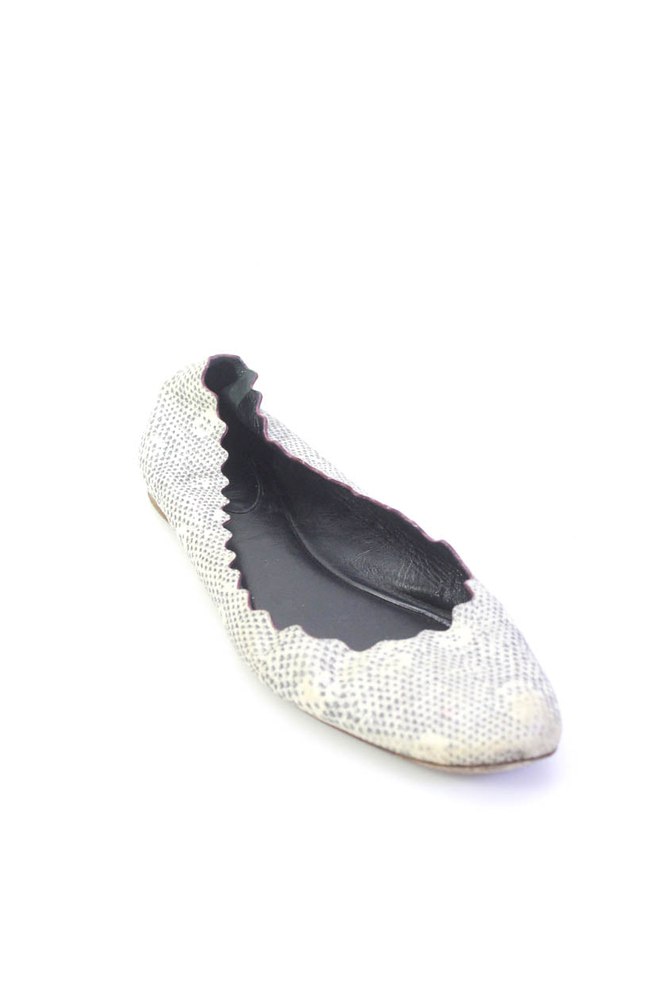 Chloe Womens Leather Spotted Print Scalloped Ballet Flats Ivory