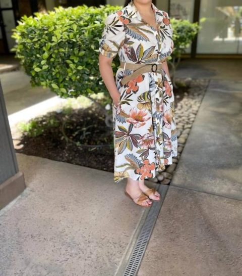 Button Up Dress With Belt In Multi