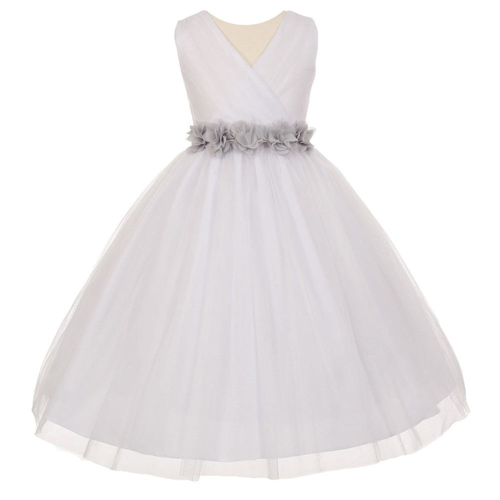 Big Girls White Silver Chiffon Flowers Tulle Junior Bridesmaid Dress 8-14