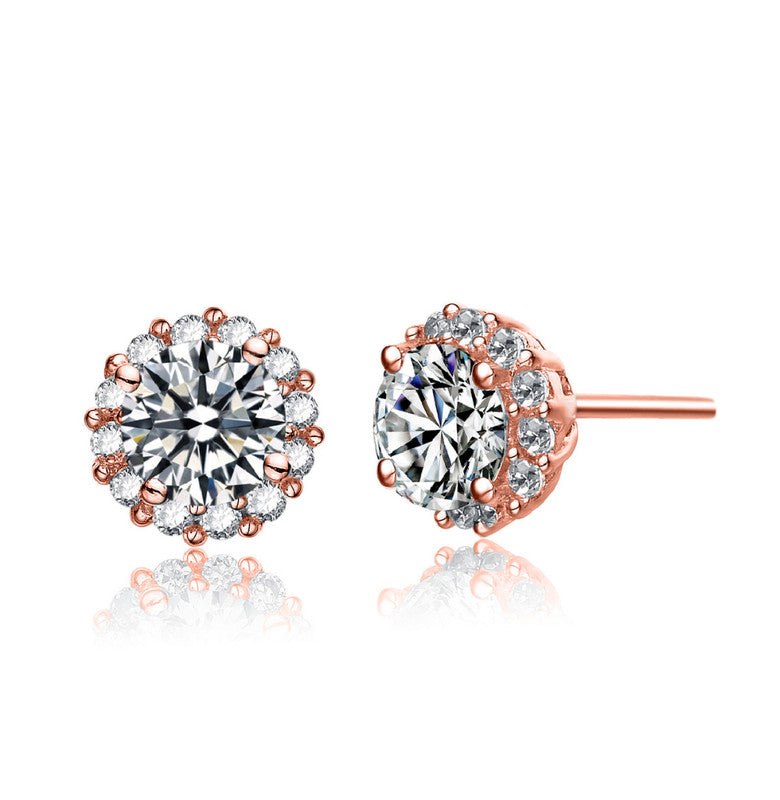 18k Rose Gold Plated with Clear Cubic Zirconia Pave Stud Earrings 7733309210684