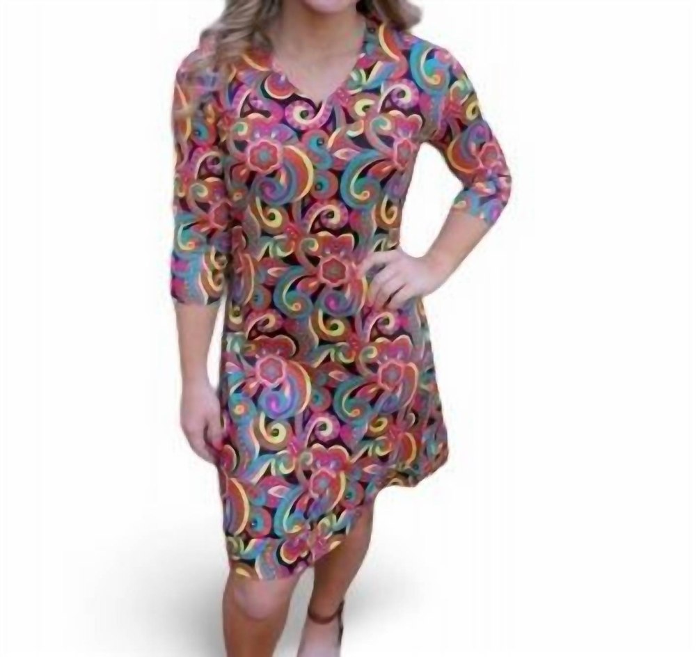 Floral Print Dress With V-Neck In Black Multi