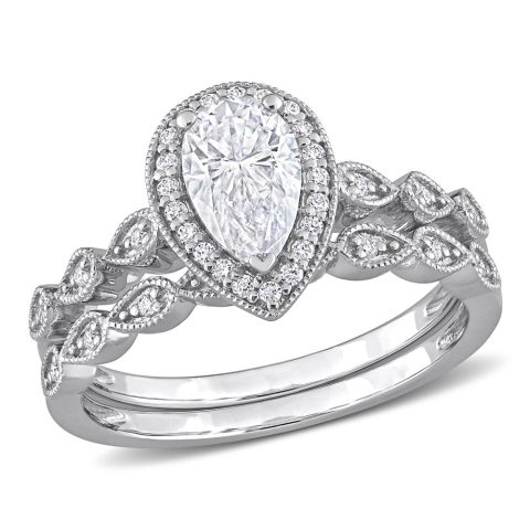 Mimi & Max 1 1/6ct DEW Created Moissanite Teardrop Halo Bridal Ring Set in Sterling Silver