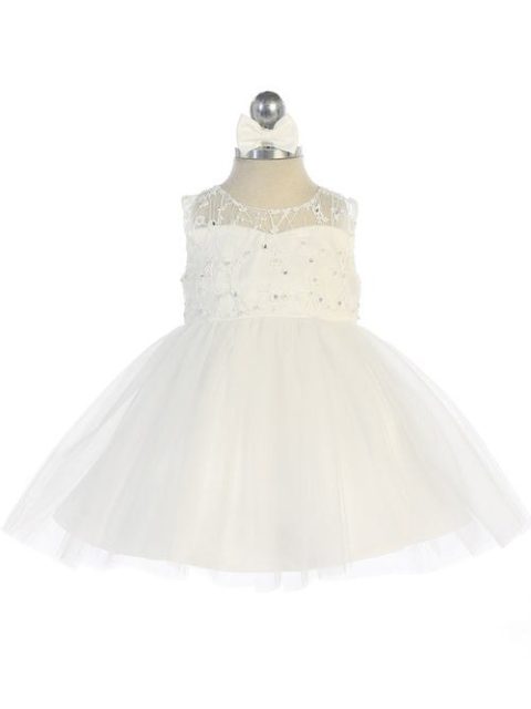 Elegant Ivory Baby Dress with Floral Lace and Tulle Skirt 6M-24M