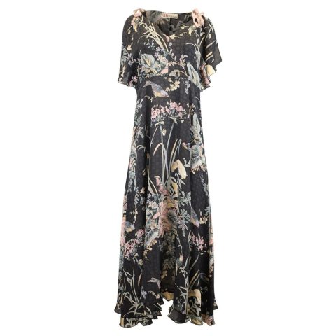 Red Valentino Cold-Shoulder Printed Midi Dress in Black Silk 7733640396860