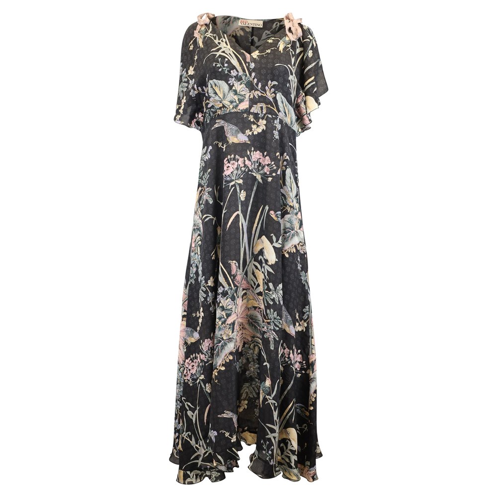 Red Valentino Cold-Shoulder Printed Midi Dress in Black Silk 7733640396860