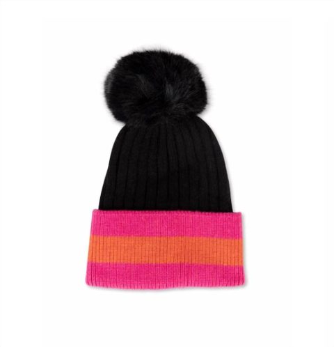 Kids Striped Hat Faux Pom Pom In Rave
