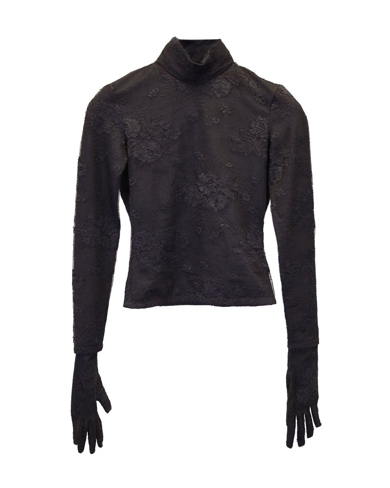 Balenciaga Floral Lace Mock-Neck Gloved Top in Black Polyamide 7733631615036