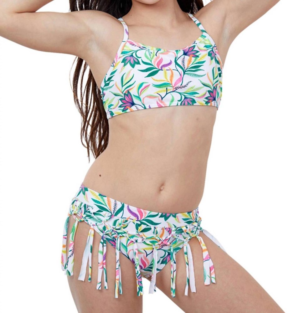 Girls Bralette Bikini Top With Fringe Skirt Bikini Bottom In Gtk Palms 7733645639740