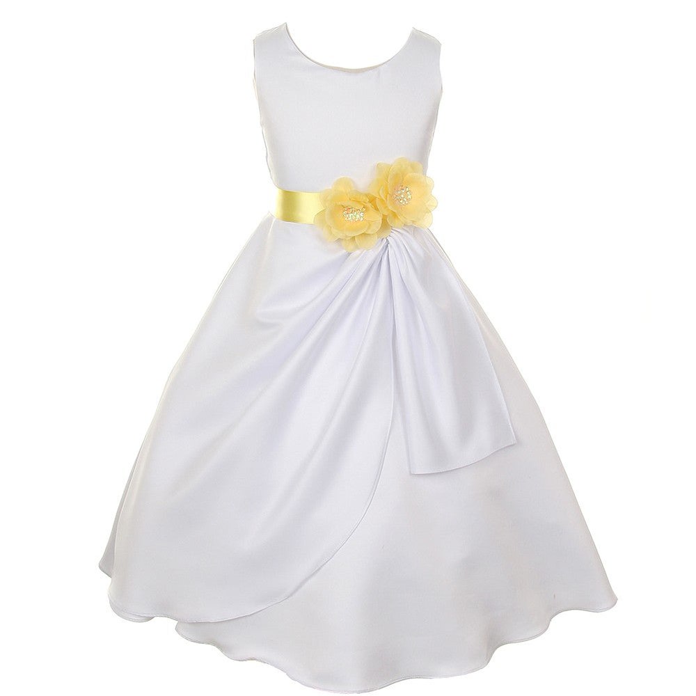 Little Girls White Yellow Bridal Dull Satin Sequin Flowers Occasion Dress 2-6