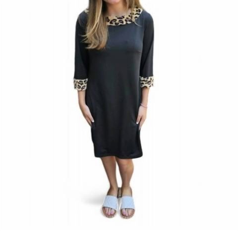 Leopard Trim Dress In Black