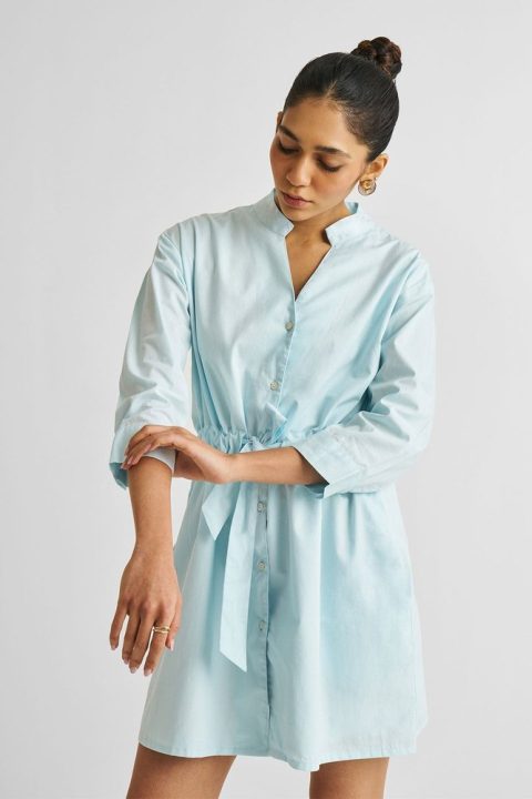 Short Tie Waist Dress in Summer Blue