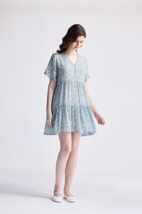 Floral Short Tiered dress in Light Blue