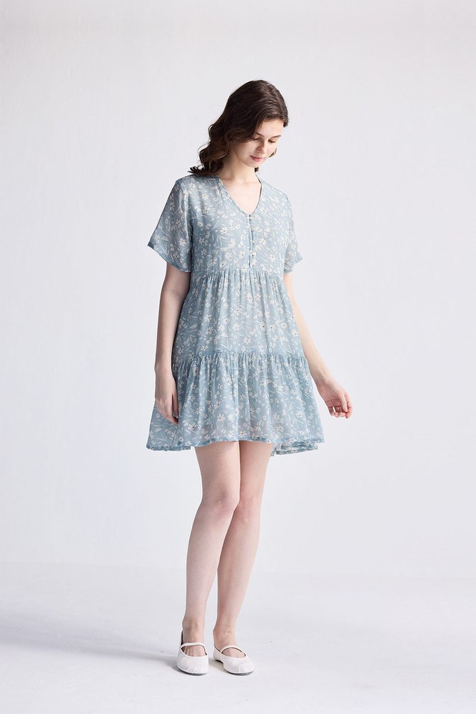 Floral Short Tiered dress in Light Blue