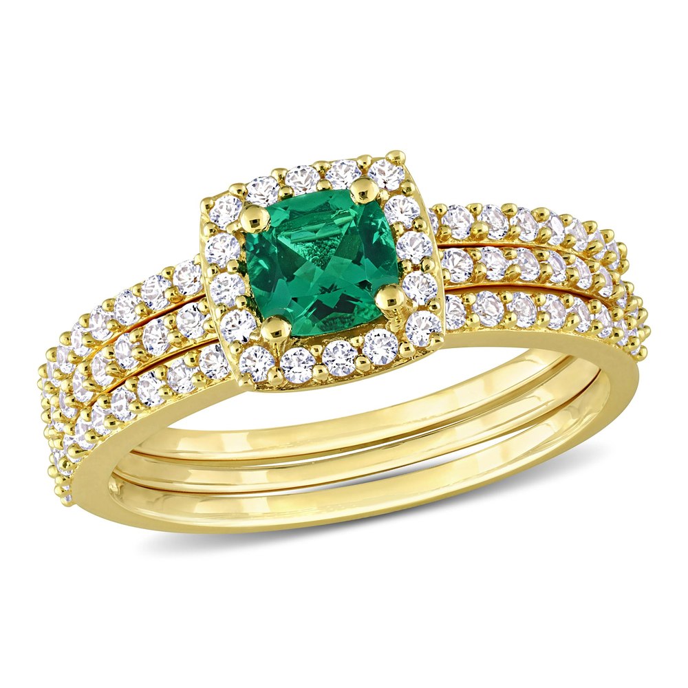Mimi & Max 1 1/2ct TGW Created Emerald and Created White Sapphire Bridal Three-Ring Set in Yellow Silver