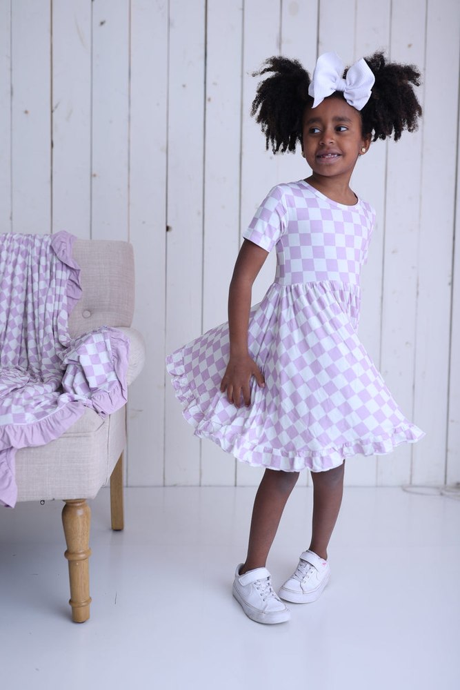 PERIWINKLE CHECKS DREAM RUFFLE DRESS