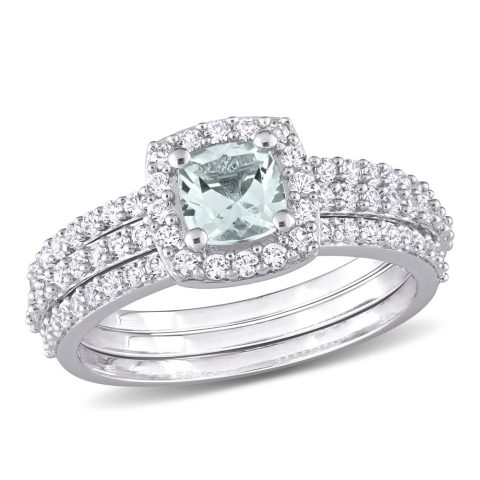 Mimi & Max 1 1/3ct TGW Aquamarine and Created White Sapphire Bridal Three-Ring Set in Sterling Silver