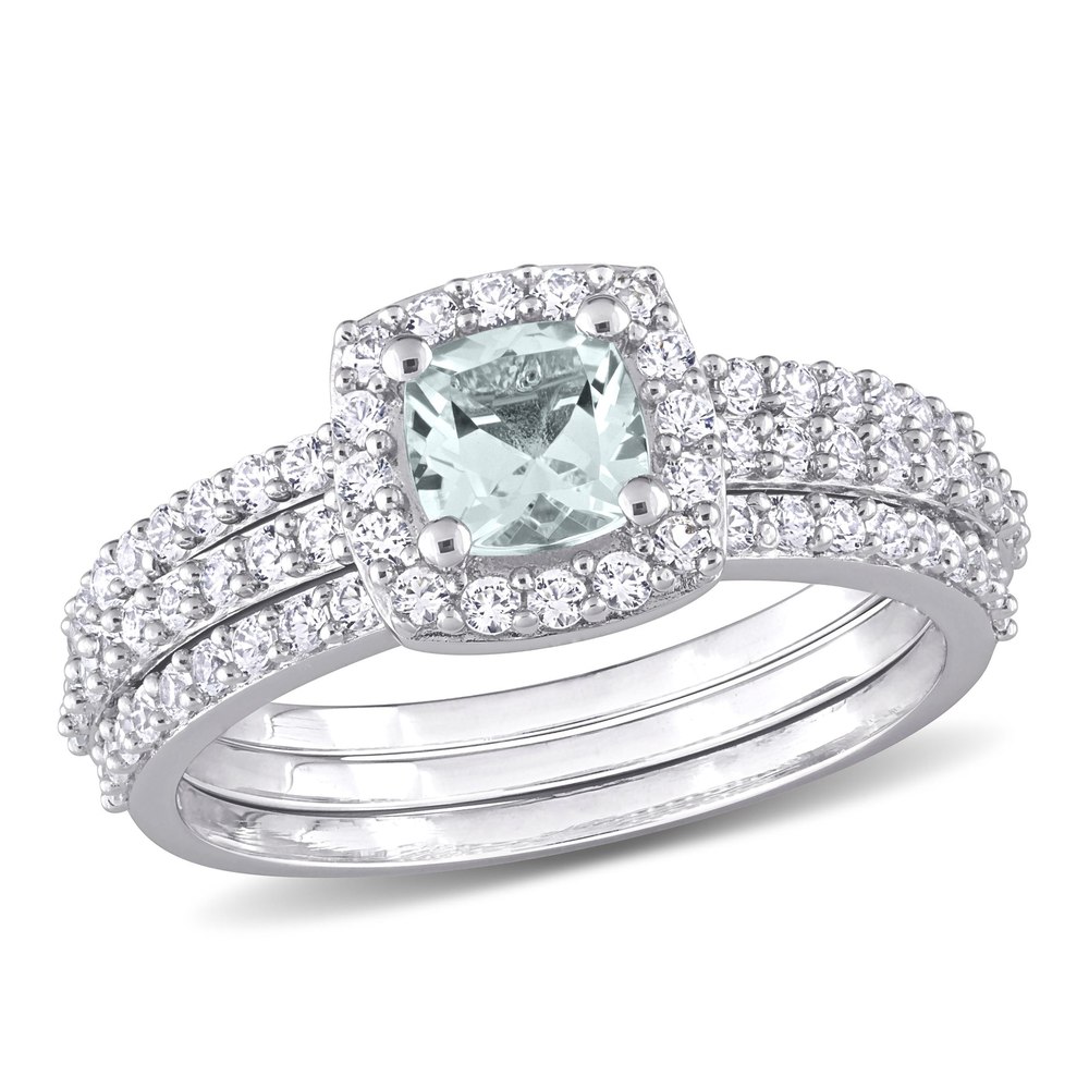 Mimi & Max 1 1/3ct TGW Aquamarine and Created White Sapphire Bridal Three-Ring Set in Sterling Silver